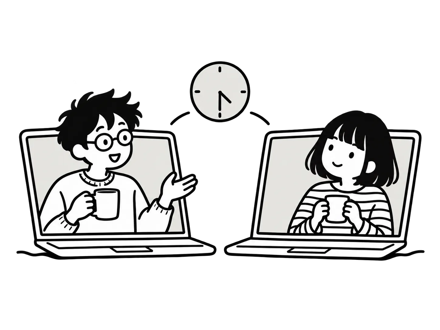 線條畫:兩個人隔著筆電視訊,各自拿著一杯咖啡