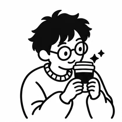 線條畫:BrewBytes.ai 主理人戴著圓眼鏡,捧著一杯咖啡微笑