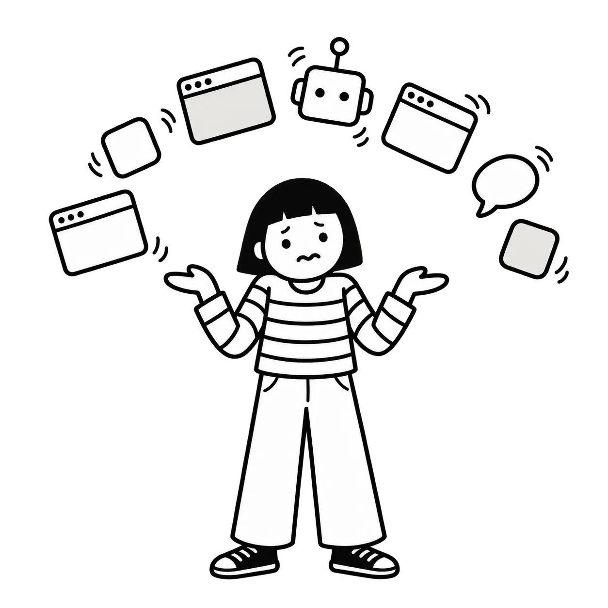 線條畫:一個人站在一堆飄浮的 App 視窗中間聳肩
