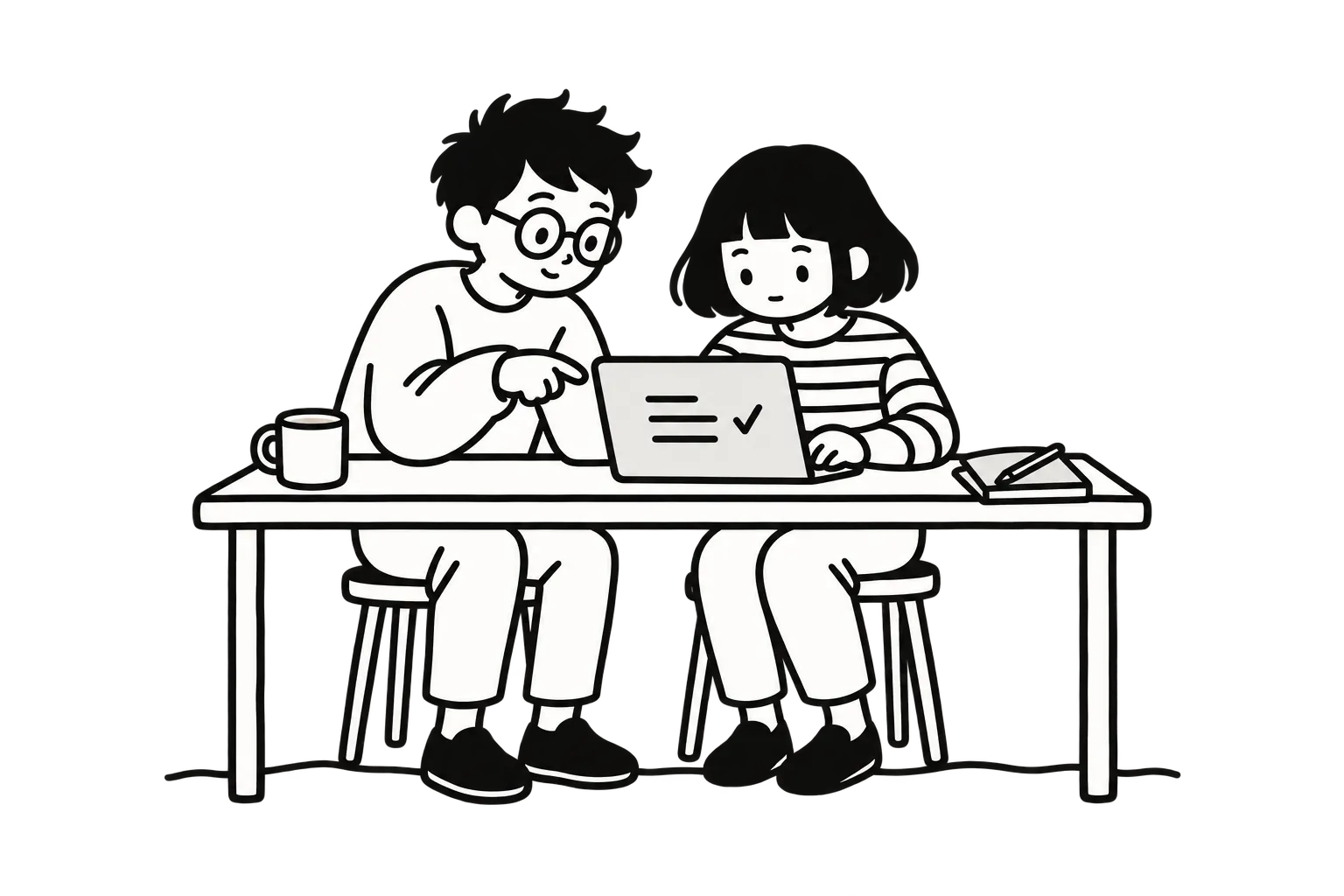 線條畫:兩個人並肩坐在同一台電腦前,一個在指,一個在打字